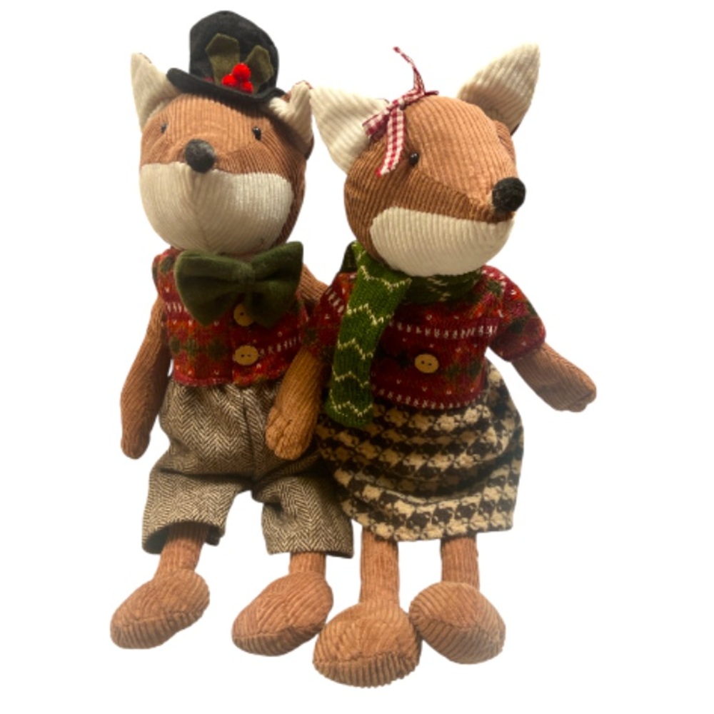 Christmas Fox Plush Pair Weighted Shelf Sitters Red Green Winter Holiday Decor - Picture 2 of 6